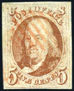 US Stamps Value Scott # 1 - 1847 5c Franklin. Harmer-Schau Auction Galleries, Jul 2010, Sale 86, Lot 310
