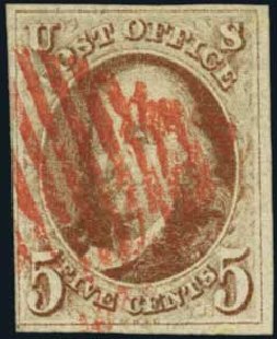 Values of US Stamp Scott Catalogue #1 - 5c 1847 Franklin. Harmer-Schau Auction Galleries, Oct 2011, Sale 91, Lot 160
