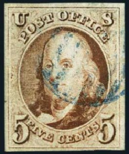 Costs of US Stamps Scott Cat. # 1: 1847 5c Franklin. Harmer-Schau Auction Galleries, May 2012, Sale 93, Lot 230