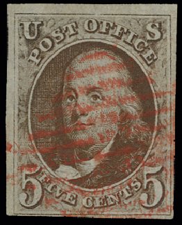 US Stamps Price Scott Cat. 1: 1847 5c Franklin. H.R. Harmer, May 2014, Sale 3005, Lot 1010