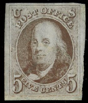 Costs of US Stamps Scott Catalogue # 1: 1847 5c Franklin. Daniel Kelleher Auctions, Jan 2012, Sale 628, Lot 200