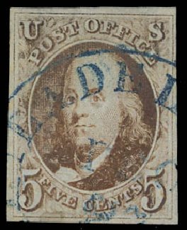 Values of US Stamps Scott Catalogue #1: 1847 5c Franklin. Daniel Kelleher Auctions, Apr 2012, Sale 629, Lot 140