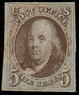 Value of US Stamps Scott Catalogue # 1: 1847 5c Franklin. Daniel Kelleher Auctions, Aug 2012, Sale 631, Lot 650