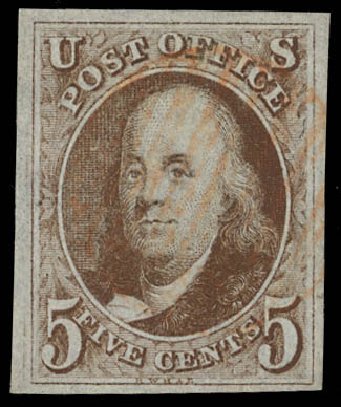 Values of US Stamps Scott Catalog 1: 1847 5c Franklin. Daniel Kelleher Auctions, Feb 2013, Sale 634, Lot 510