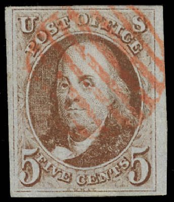 Values of US Stamps Scott Cat. 1: 5c 1847 Franklin. Daniel Kelleher Auctions, Feb 2013, Sale 634, Lot 520