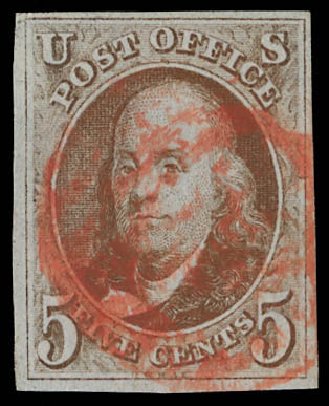 Prices of US Stamp Scott 1 - 5c 1847 Franklin. Daniel Kelleher Auctions, Feb 2013, Sale 634, Lot 540