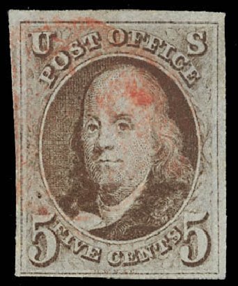 Cost of US Stamps Scott Catalog 1 - 5c 1847 Franklin. Daniel Kelleher Auctions, Feb 2013, Sale 634, Lot 550