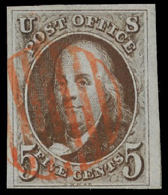 Cost of US Stamps Scott Catalog # 1: 5c 1847 Franklin. Daniel Kelleher Auctions, Feb 2013, Sale 634, Lot 560