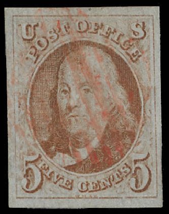 Prices of US Stamp Scott Catalog #1: 5c 1847 Franklin. Daniel Kelleher Auctions, Feb 2013, Sale 634, Lot 620