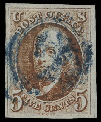 US Stamps Price Scott # 1 - 5c 1847 Franklin. Daniel Kelleher Auctions, Feb 2013, Sale 634, Lot 710