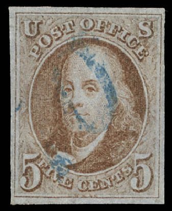 US Stamp Prices Scott Catalog # 1 - 5c 1847 Franklin. Daniel Kelleher Auctions, Feb 2013, Sale 634, Lot 720