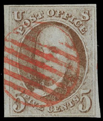 US Stamps Price Scott Catalog # 1: 1847 5c Franklin. Daniel Kelleher Auctions, Feb 2013, Sale 634, Lot 730