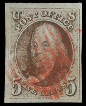 US Stamps Price Scott 1: 1847 5c Franklin. Daniel Kelleher Auctions, Feb 2013, Sale 634, Lot 800