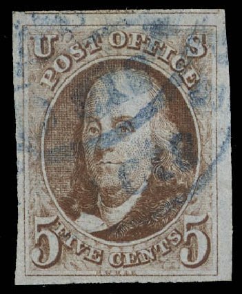 Values of US Stamps Scott 1: 1847 5c Franklin. Daniel Kelleher Auctions, Feb 2013, Sale 634, Lot 820