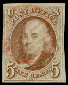 Prices of US Stamp Scott Catalog #1: 5c 1847 Franklin. Daniel Kelleher Auctions, Apr 2013, Sale 636, Lot 50