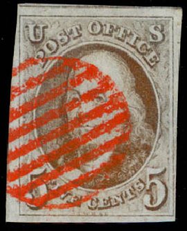 Prices of US Stamps Scott Catalog 1 - 5c 1847 Franklin. Daniel Kelleher Auctions, Sep 2013, Sale 639, Lot 3050
