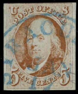 Costs of US Stamp Scott Catalogue 1 - 1847 5c Franklin. Daniel Kelleher Auctions, Sep 2013, Sale 639, Lot 3060