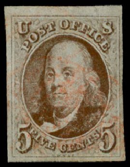 Prices of US Stamps Scott Cat. #1: 5c 1847 Franklin. Daniel Kelleher Auctions, Sep 2013, Sale 639, Lot 3070