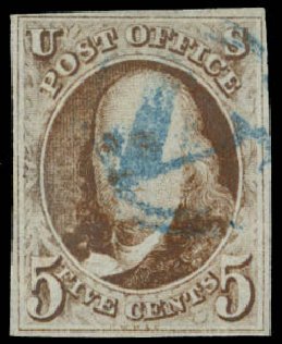Values of US Stamp Scott Catalogue #1 - 1847 5c Franklin. Daniel Kelleher Auctions, May 2014, Sale 652, Lot 30