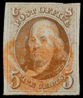 Prices of US Stamp Scott Cat. #1 - 1847 5c Franklin. Daniel Kelleher Auctions, Sep 2014, Sale 655, Lot 130
