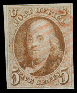 US Stamp Prices Scott # 1: 5c 1847 Franklin. Daniel Kelleher Auctions, May 2015, Sale 669, Lot 2340