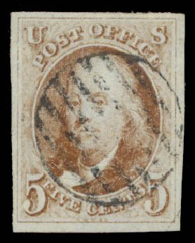 Values of US Stamps Scott Cat. # 1: 5c 1847 Franklin. Daniel Kelleher Auctions, Aug 2015, Sale 672, Lot 2080