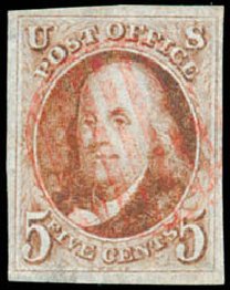 Values of US Stamps Scott Catalogue 1 - 1847 5c Franklin. Schuyler J. Rumsey Philatelic Auctions, Apr 2015, Sale 60, Lot 1890