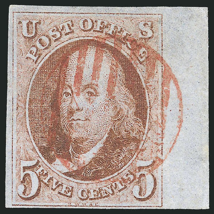 Price of US Stamp Scott Cat. #1 - 1847 5c Franklin. Robert Siegel Auction Galleries, Dec 2011, Sale 1017, Lot 40