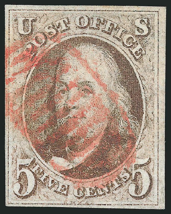 Costs of US Stamps Scott Catalogue #1 - 1847 5c Franklin. Robert Siegel Auction Galleries, Apr 2012, Sale 1023, Lot 2150