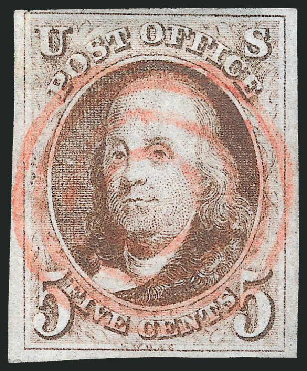 Value of US Stamp Scott Catalogue 1 - 1847 5c Franklin. Robert Siegel Auction Galleries, Apr 2012, Sale 1023, Lot 2160