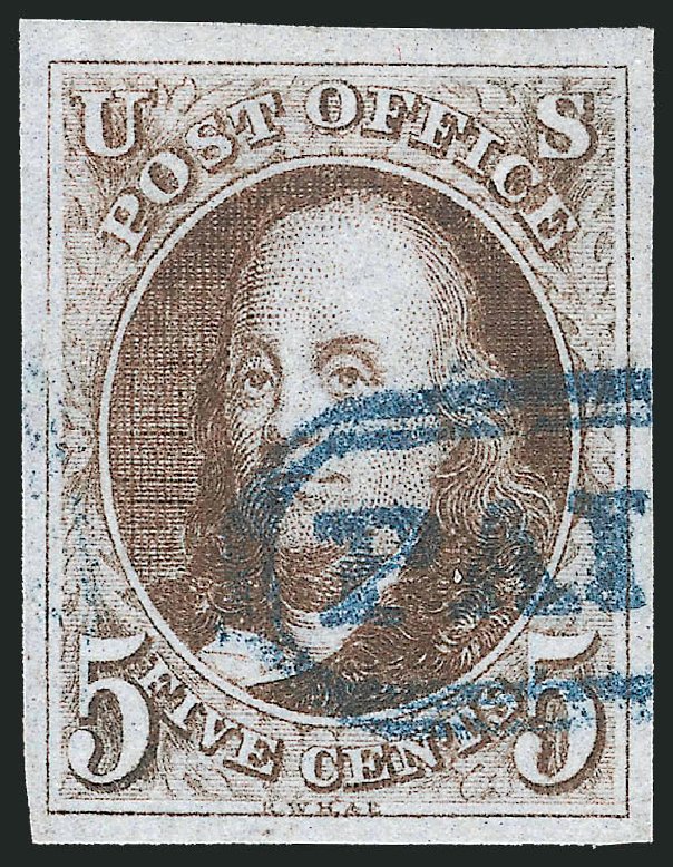 US Stamp Values Scott Catalog # 1: 1847 5c Franklin. Robert Siegel Auction Galleries, Apr 2012, Sale 1023, Lot 2170