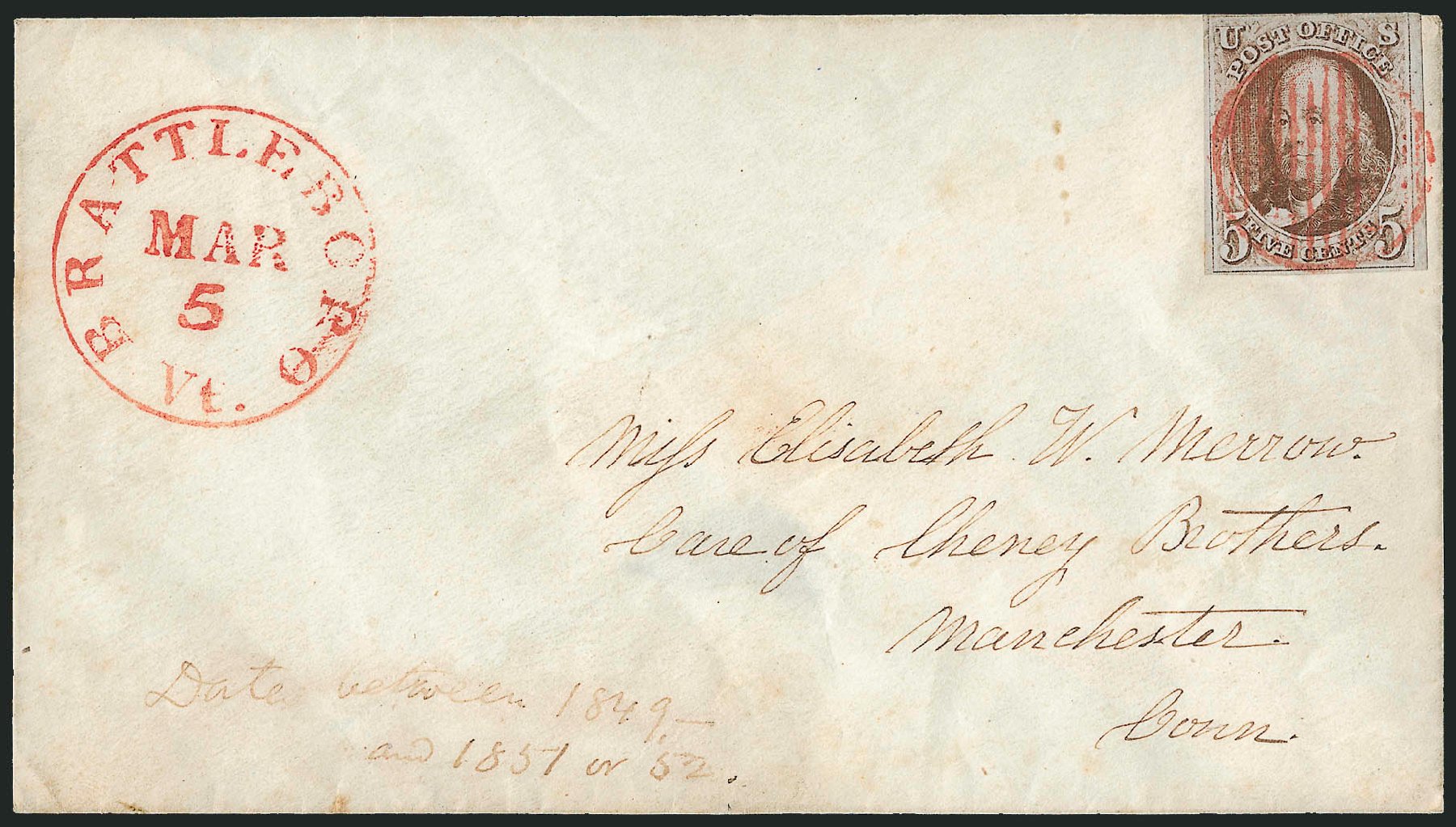 Costs of US Stamps Scott 1 - 1847 5c Franklin. Robert Siegel Auction Galleries, Apr 2012, Sale 1023, Lot 2310
