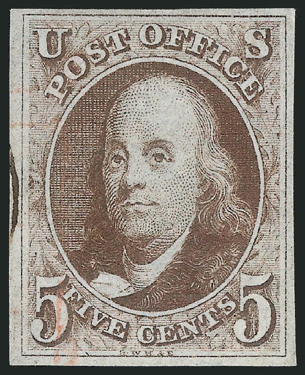 US Stamps Value Scott Cat. 1 - 1847 5c Franklin. Robert Siegel Auction Galleries, Jun 2012, Sale 1026, Lot 1110