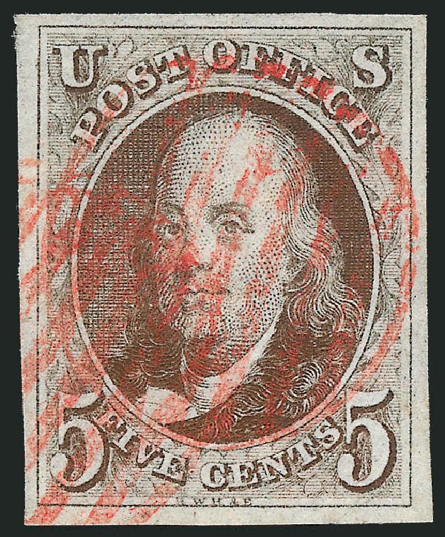 Cost of US Stamp Scott Cat. #1: 1847 5c Franklin. Robert Siegel Auction Galleries, Dec 2012, Sale 1037, Lot 1350