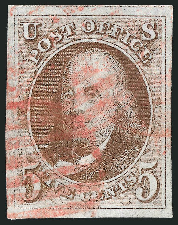 Values of US Stamps Scott Catalog 1 - 1847 5c Franklin. Robert Siegel Auction Galleries, Jul 2013, Sale 1050, Lot 40