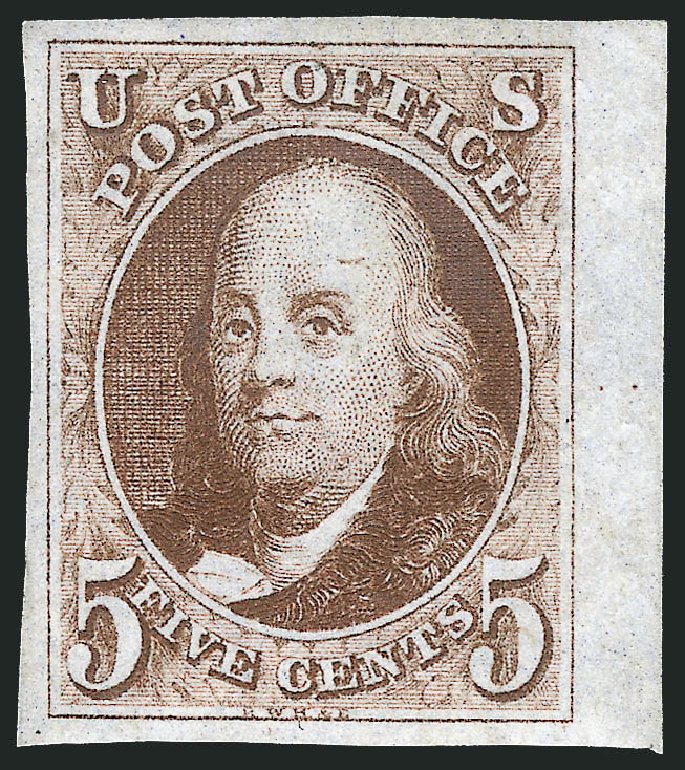 US Stamp Price Scott Catalog #1 - 1847 5c Franklin. Robert Siegel Auction Galleries, Sep 2014, Sale 1078, Lot 20