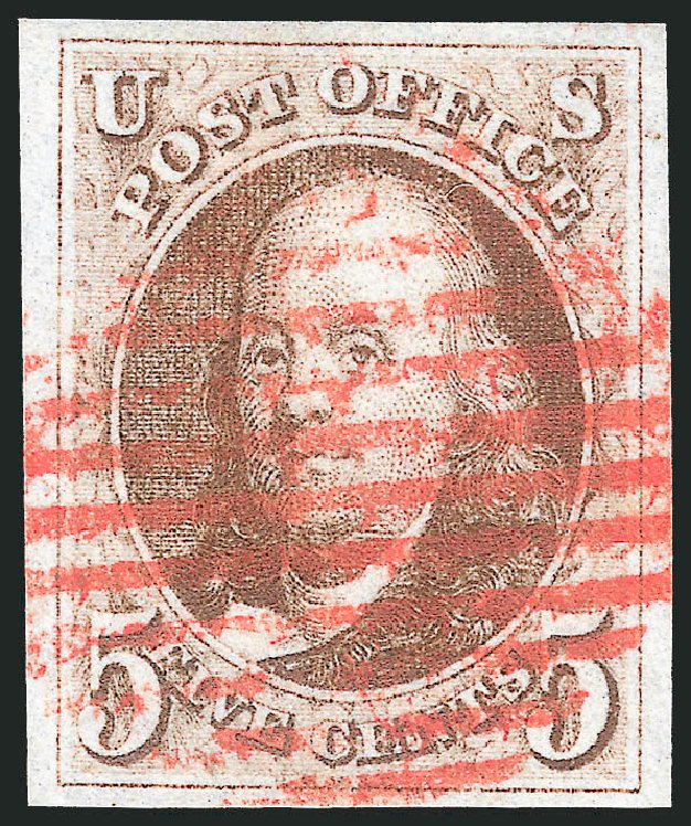 US Stamp Values Scott # 1 - 5c 1847 Franklin. Robert Siegel Auction Galleries, Sep 2014, Sale 1078, Lot 30