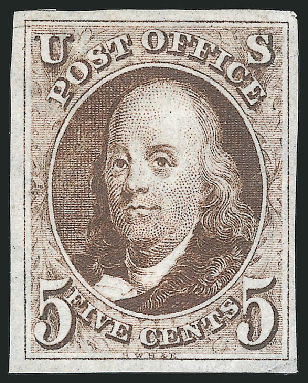 Costs of US Stamp Scott Catalog 1: 1847 5c Franklin. Robert Siegel Auction Galleries, Oct 2014, Sale 1082, Lot 320