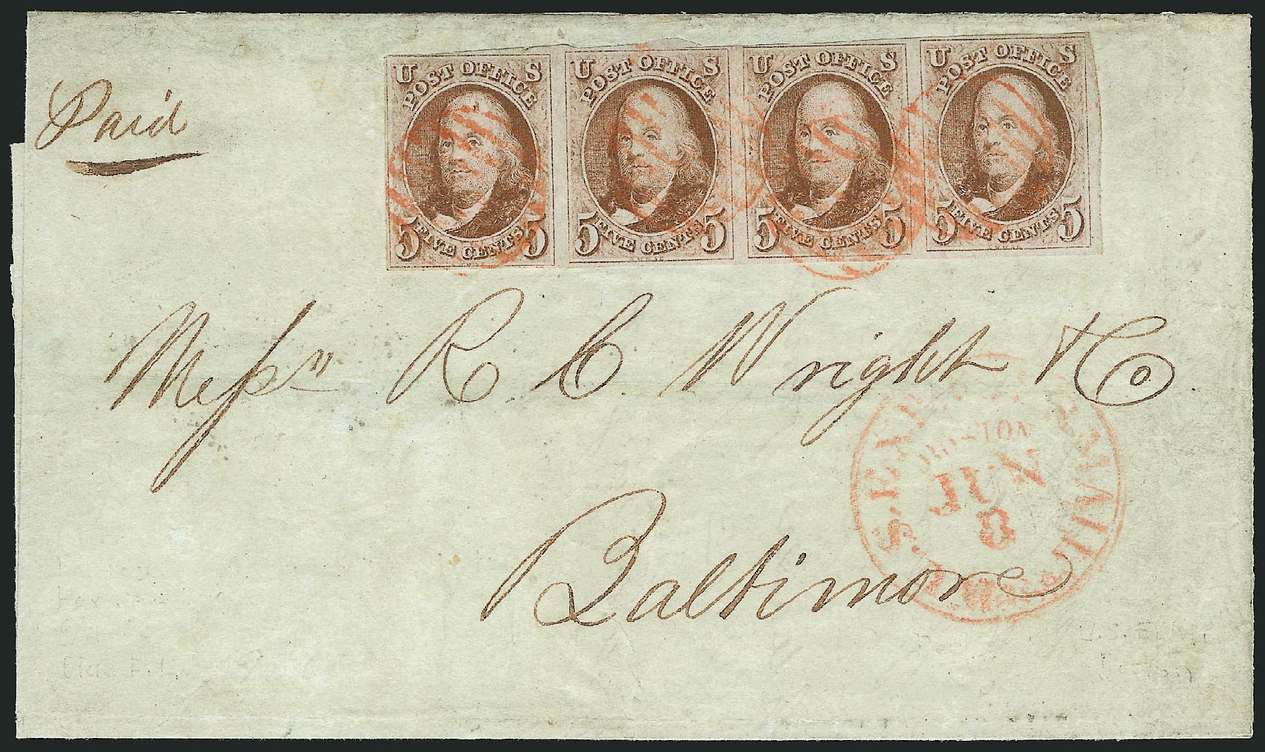 Costs of US Stamp Scott Catalog #1: 5c 1847 Franklin. Robert Siegel Auction Galleries, Oct 2014, Sale 1082, Lot 330