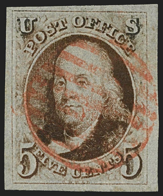 Cost of US Stamps Scott Catalogue # 1 - 5c 1847 Franklin. Robert Siegel Auction Galleries, Jul 2015, Sale 1107, Lot 10