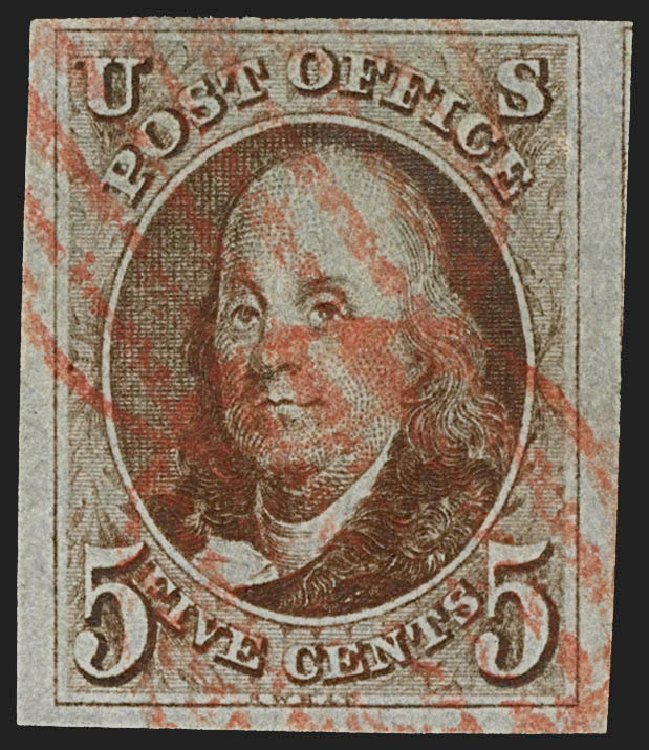 US Stamps Prices Scott #1 - 5c 1847 Franklin. Robert Siegel Auction Galleries, Jul 2015, Sale 1107, Lot 20