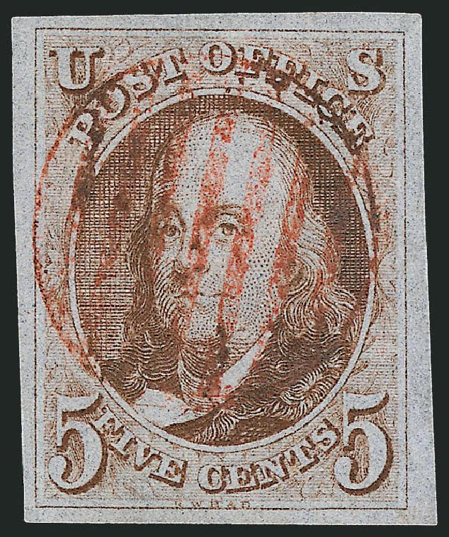 Value of US Stamp Scott Catalogue 1: 5c 1847 Franklin. Robert Siegel Auction Galleries, Sep 2008, Sale 962, Lot 2180