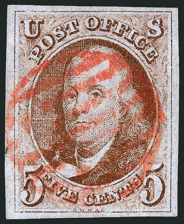 US Stamp Values Scott 1 - 1847 5c Franklin. Robert Siegel Auction Galleries, Sep 2008, Sale 962, Lot 2190