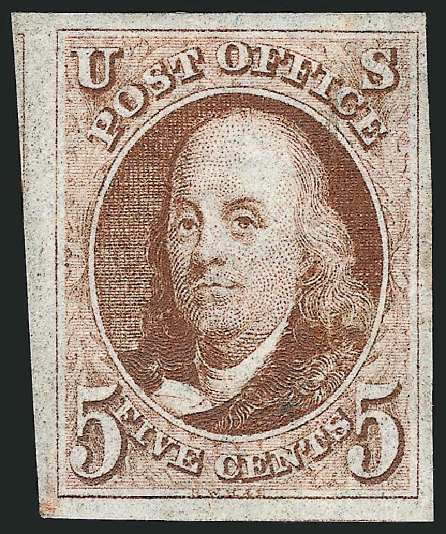 Costs of US Stamps Scott Catalog #1 - 1847 5c Franklin. Robert Siegel Auction Galleries, Oct 2008, Sale 963, Lot 10