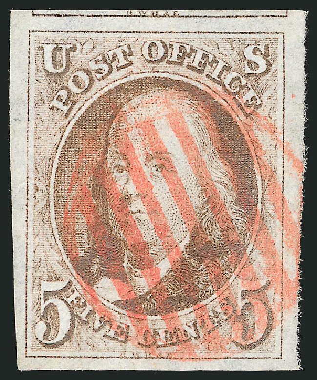 US Stamp Prices Scott 1: 5c 1847 Franklin. Robert Siegel Auction Galleries, Oct 2008, Sale 963, Lot 20