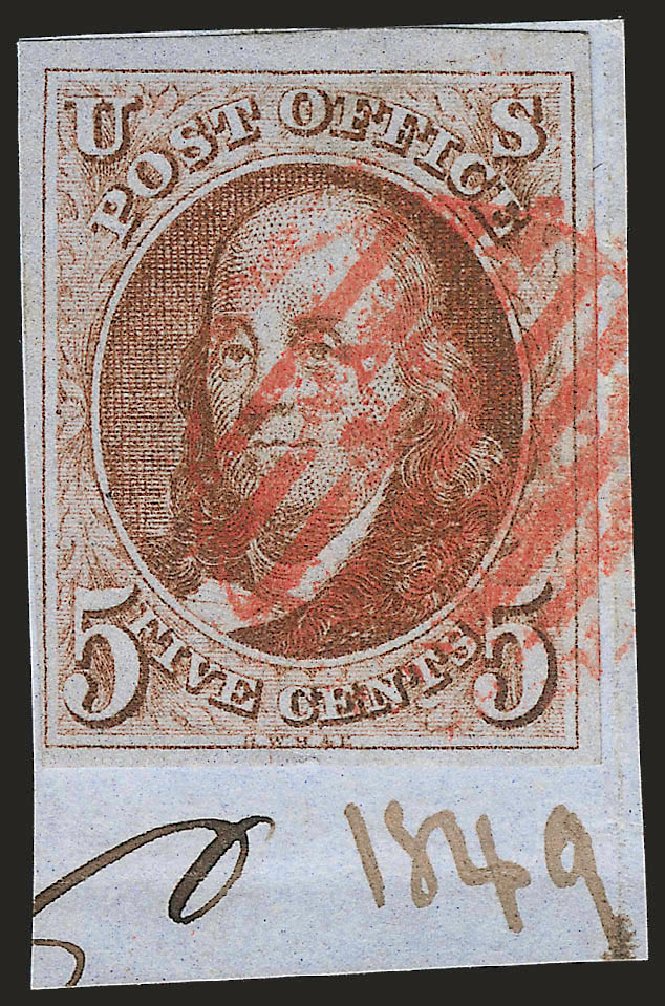 Cost of US Stamps Scott Catalog #1 - 1847 5c Franklin. Robert Siegel Auction Galleries, Dec 2009, Sale 982, Lot 5010