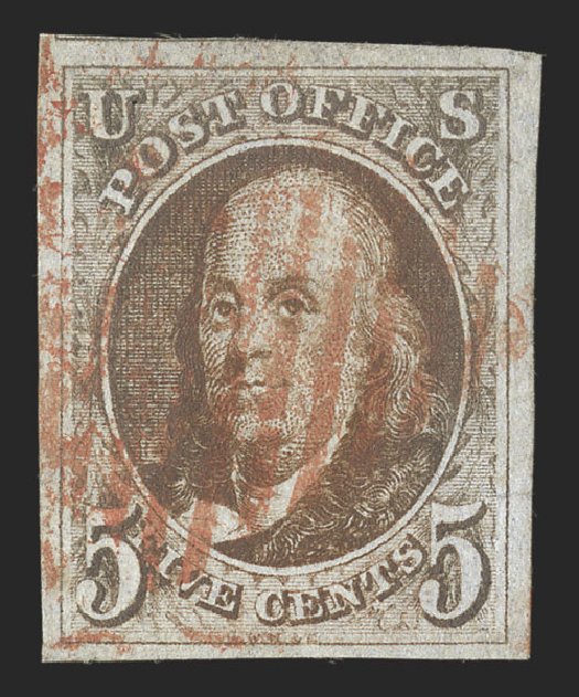 Prices of US Stamps Scott 1: 1847 5c Franklin. Spink Shreves Galleries, Jul 2012, Sale 140, Lot 10