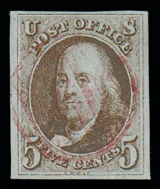 Values of US Stamps Scott Catalog 1: 1847 5c Franklin. Matthew Bennett International, Dec 2007, Sale 323, Lot 11