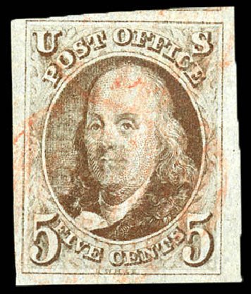 US Stamp Values Scott Catalog #1 - 1847 5c Franklin. Matthew Bennett International, Dec 2008, Sale 330, Lot 1301