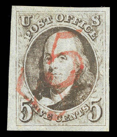 US Stamp Values Scott # 1: 5c 1847 Franklin. Matthew Bennett International, Sep 2010, Sale 331, Lot 301
